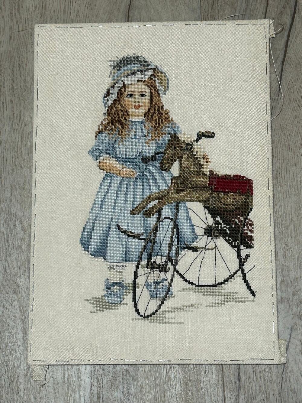 Vintage Finished Cross Stitch Victorian Girl Baby Carriage Pram Needlework